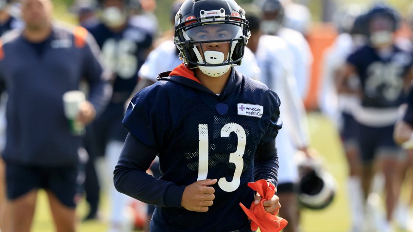 LAKE FOREST, ILLINOIS – JULY 31: Tyler Scott #13 of the Chicago Bears runs a drill during the Chicago Bears Training Camp at Halas Hall on July 31, 2023 in Lake Forest, Illinois. (Photo by Justin Casterline/Getty Images)