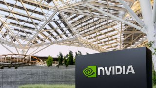 The logo of Nvidia at its corporate headquarters in Santa Clara, California, May 2022.