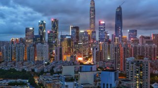 SHENZHEN, CHINA – AUGUST 26: An aerial view of the Shenzhen skyline on August 26, 2020 in Shenzhen, Guangdong Province of China. (Photo by He Shaoping/VCG via Getty Images)