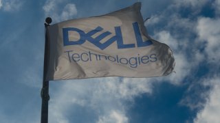 A Dell Technologies flag outside the company headquarters in Round Rock, Texas, Feb. 6, 2023.