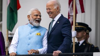 US President Joe Biden, right, and Narendra Modi, India’s prime minister, at an arrival ceremony during a state visit on the South Lawn of the White House in Washington, DC, US, on Thursday, June 22, 2023.