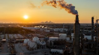 In an aerial view, the Valero Houston refinery is seen on August 28, 2023 in Houston, Texas.