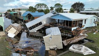 View of a damaged property after the arrival of Hurricane Idalia in Horseshoe Beach, Florida, August 31, 2023.