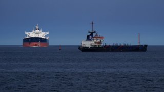 The crude oil tanker Searuby arrives at Teesport on September 02, 2023 in Redcar, United Kingdom.
