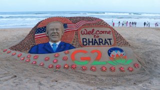 In this picture taken on September 6, 2023, a sand sculpture created by Indian sand artist Sudarsan Pattnaik representing US President Joe Biden’s visit to India for the two-day G20 summit is pictured at Puri beach in India’s Odisha state. (Photo by AFP) (Photo by -/AFP via Getty Images)