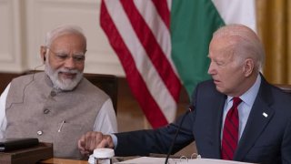 US President Joe Biden and India’s Prime Minister Narendra Modi during an event with senior officials and chief executive officers in the East Room of the White House in Washington on June 22, 2023.