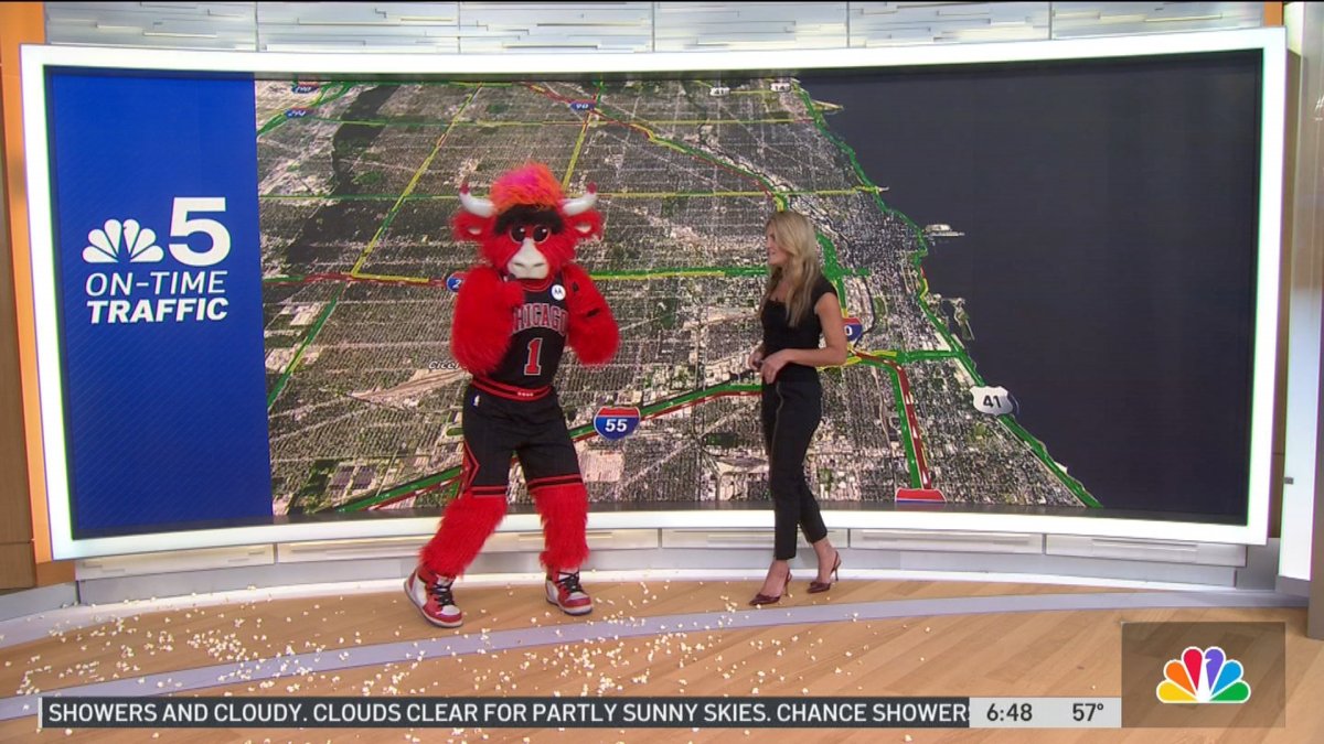 WATCH Benny The Bull Joins Kye Martin For A Live Traffic Report NBC WATCH Benny The Bull Joins Kye Martin For A Live Traffic Report NBC