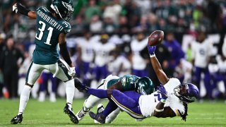 PHILADELPHIA, PA – SEPTEMBER 14: Minnesota Vikings Running Back Alexander Mattison (2) fumbles the ball in the second half during the game between the Minnesota Vikings and Philadelphia Eagles on September 14, 2023 at Lincoln Financial Field in Philadelphia, PA.