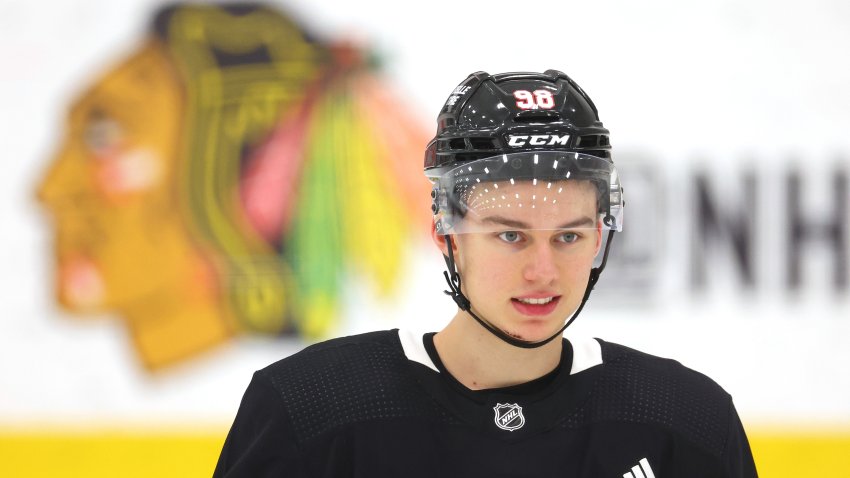 CHICAGO, ILLINOIS – SEPTEMBER 14: Connor Bedard #98 of the Chicago Blackhawks looks on during Prospect Camp practice at Fifth Third Arena on September 14, 2023 in Chicago, Illinois. (Photo by Michael Reaves/Getty Images)