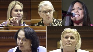 This combo image shows (top row, left to right), South Carolina state senators Sandy Senn, Katrina Shealy and Mia McLeod; and (bottom row) South Carolina state senators Margie Bright Matthews and Penry Gustafson.