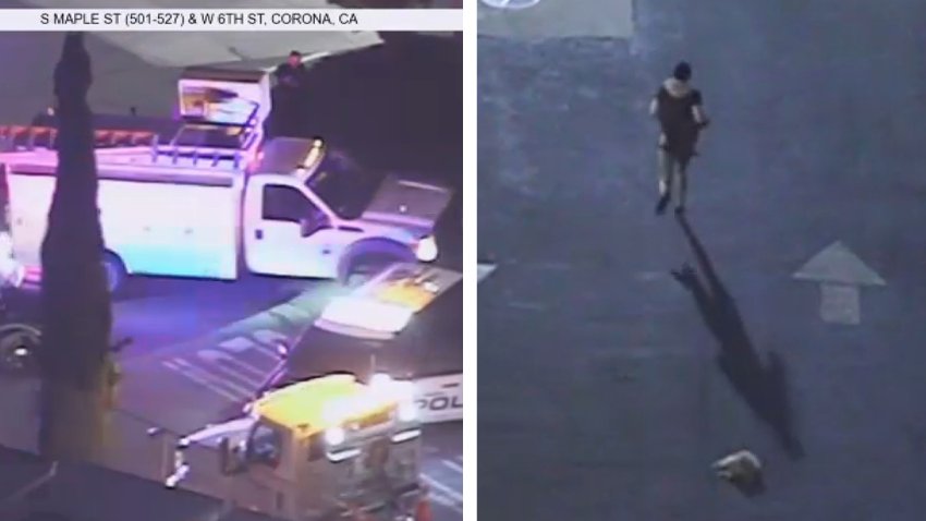 Left: A driver in a utility truck tams police vehicles. Right: A woman's wig falls off as she runs across a parking lot.