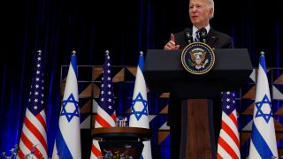 U.S. President Joe Biden speaks during a visit to Israel amid the war between Israel and Hamas, in Tel Aviv, Oct. 18, 2023.