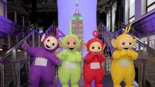 Tinky-Winky, Dipsy, Po, annd Laa Laa visit the Empire State Building as The Teletubbies celebrate their 25th Anniversary on April 26, 2022 in New York City.