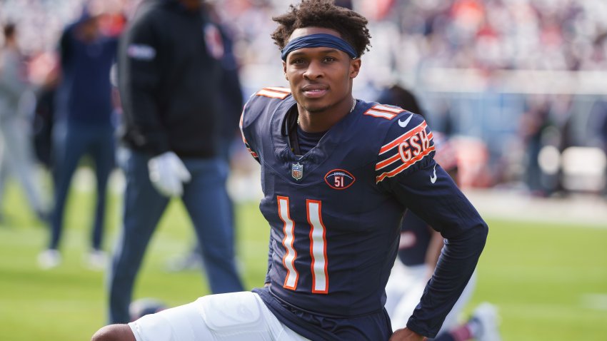 CHICAGO, IL – OCTOBER 15:  Wide receiver Darnell Mooney #11 of the Chicago Bears warms up prior to an NFL football game against the Minnesota Vikings at Soldier Field on October 15, 2023 in Chicago, Illinois. (Photo by Todd Rosenberg/Getty Images)