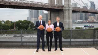 NBA commissioner Adam Silver, co-founder and creative director of SKIMS Kim Kardashian and co-founder and CEO of SKIMS Jens Grede announce SKIMS being named the official underwear partner of the NBA, WNBA, and USA Basketball in New York City.