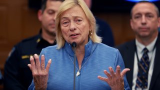 LEWISTON, MAINE – OCTOBER 27: Governor Janet Mills of Maine announces to the media that Robert Card, the suspect in two mass killings, was found dead on October 27, 2023 in Lewiston, Maine. Mr. Card, who allegedly killed 18 people in a mass shooting at a bowling alley and restaurant in Lewiston was found dead in nearby Lisbon.