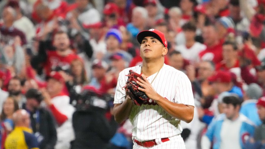 Philadelphia Phillies starting pitcher Ranger Suarez (55) steps onto the field against the Arizona Diamondbacks in game seven of the NLCS at Citizens Bank Park in Philadelphia on Oct. 24, 2023.