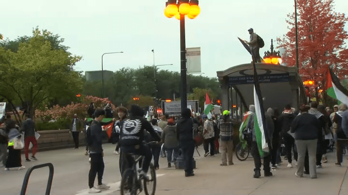 示威者游行芝加哥市中心，表达对巴勒斯坦人的支持
