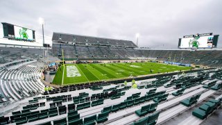 A general view of the field before a college football game between the Michigan Wolverines and the Michigan State Spartans at Spartan Stadium on Oct. 21, 2023, in East Lansing, Mich.