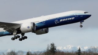 A Boeing 777X airplane takes off during its first test flight from the company’s plant in Everett, Washington, January 25, 2020.