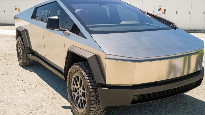 The Tesla Cybertruck during a tour of the Elkhorn Battery energy storage system in Moss Landing, California, on June 6, 2022.