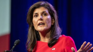 Former US ambassador to the UN and 2024 Republican Presidential hopeful Nikki Haley speaks at the Republican Party of Iowa’s 2023 Lincoln Dinner at the Iowa Events Center in Des Moines, Iowa, on July 28, 2023. 
