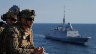 US marines look on from aboard the USS Mesa Verde ship during the Northern Coasts 2023 exercise in the Baltic Sea, September 18, 2023.