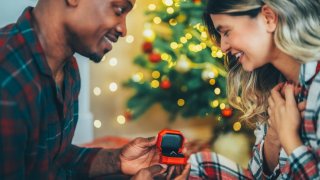 Man proposing to his girlfriend on Christmas Eve.