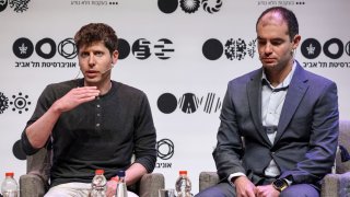 Sam Altman (L), US entrepreneur, investor, programmer, and founder and CEO of artificial intelligence company OpenAI, and the company’s co-founder and chief scientist Ilya Sutskever, speak together at Tel Aviv University in Tel Aviv on June 5, 2023.