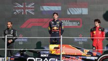 MEXICO CITY, MEXICO - OCTOBER 29: Lewis Hamilton of Great Britain and Mercedes-AMG PETRONAS F1 Team, Max Verstappen of the Netherlands and Oracle Red Bull Racing and Charles Leclerc of Monaco and Scuderia Ferrari on the podium during the F1 Grand Prix of Mexico at Autodromo Hermanos Rodriguez on October 29, 2023 in Mexico City, Mexico. (Photo by Song Haiyuan/MB Media/Getty Images)