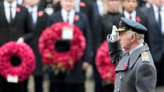 Britain's King Charles III salutes as he attends the Remembrance Sunday ceremony