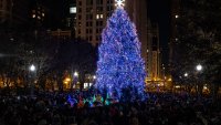 CHICAGO, Nov. 23, 2019– The lit-up 55-foot tall Blue Spruce is seen during the 106th annual Christmas tree lighting ceremony at the Millennium Park in Chicago, the United States, Nov. 22, 2019. (Photo by Joel Lerner/Xinhua via Getty) (Xinhua/Wang Ping via Getty Images)