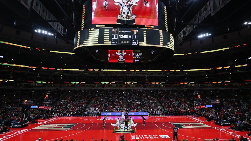 Ben Simmons of the Brooklyn Nets and Nikola Vucevic of the Chicago Bulls tip-off the game during the NBA In-Season Tournament at the United Center on November 03, 2023 in Chicago, Illinois.