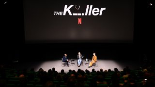 LOS ANGELES, CALIFORNIA – NOVEMBER 15: (L-R) Rian Johnson, David Fincher and Michael Fassbender speak onstage during Netflix’s The Killer Los Angeles Academy Museum screening at Academy Museum of Motion Pictures, Ted Mann Theater on November 15, 2023 in Los Angeles, California. (Photo by Araya Doheny/Getty Images for Netflix)