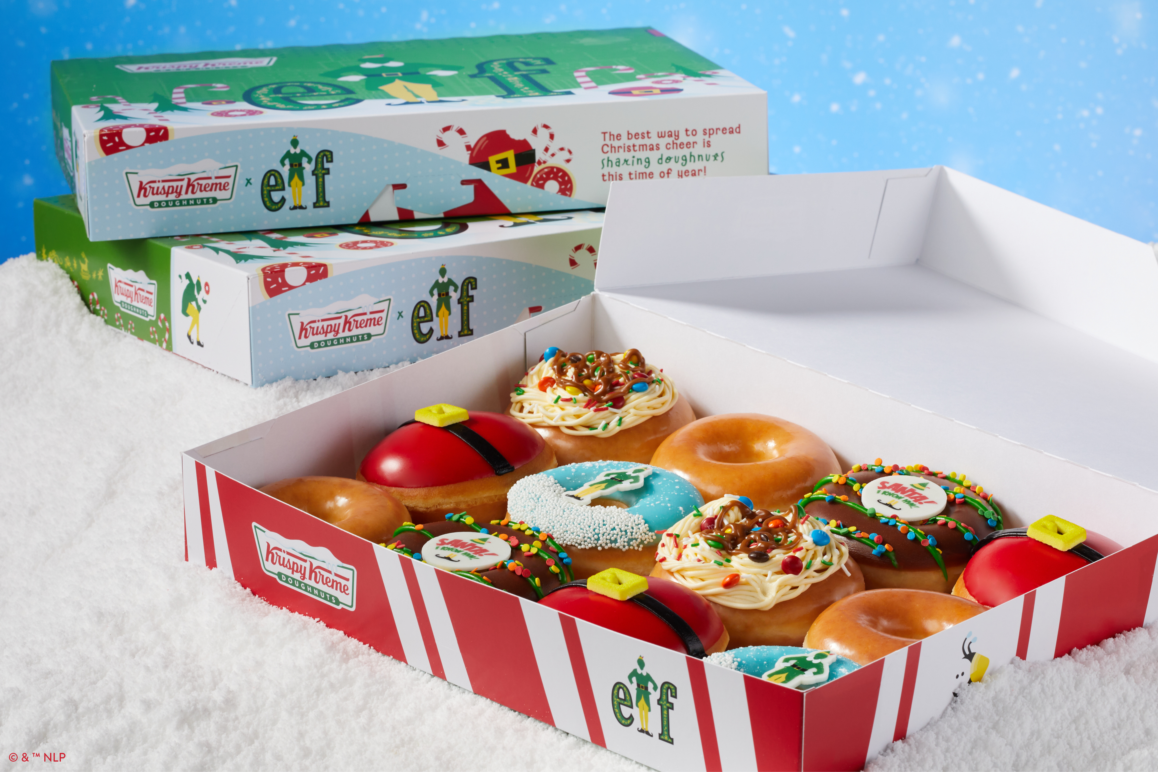 A box of Elf-themed Krispy Kreme Donuts.