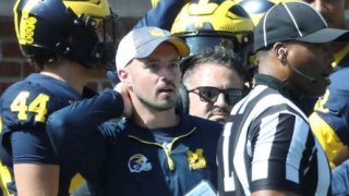 FILE IMAGE: Michigan football analyst Connor Stalions on the sideline during the Wolverines’ 31-7 win over Rutgers, Sept. 23, 2023 at Michigan Stadium in Ann Arbor.