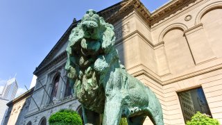 Foto de la estatua del leon frente al Instituto de Arte de Chicago.