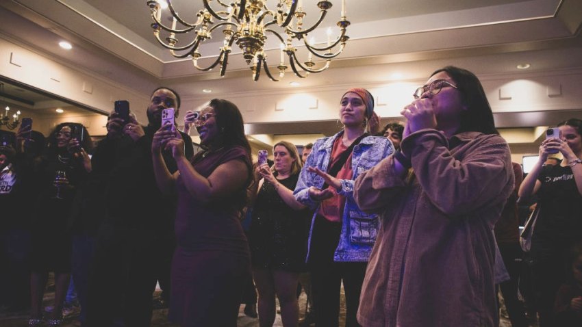 Democratic supporters react to Democrats’ wins in the House of Delegates and State Senate during VA Democrat Watch Party at the Omni Hotel during the 2023 state election. Democrats have retained control of the Senate and gained seats in the House of Delegates.