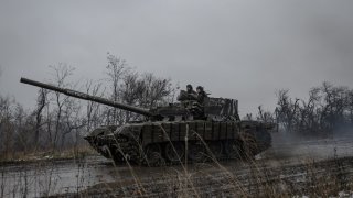 Ukrainian soldiers in a tank in the direction of Avdiivka in Donetsk Oblast, Ukraine, on Dec. 1, 2023.