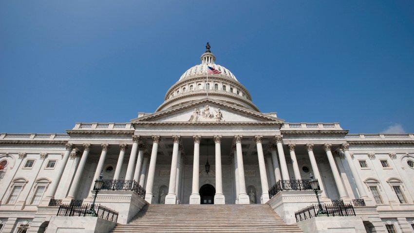 East Steps of the US Capitol from the ground with a clear blue sky.