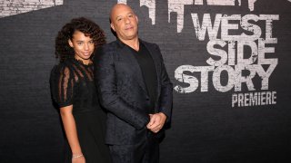 Hania Riley Sinclair and Vin Diesel attend the Los Angeles premiere of West Side Story.