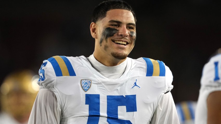 Oct 21, 2023; Stanford, California, USA; UCLA Bruins defensive lineman Laiatu Latu (15) walks on the field before the game against the Stanford Cardinal at Stanford Stadium. Mandatory Credit: Darren Yamashita-USA TODAY Sports