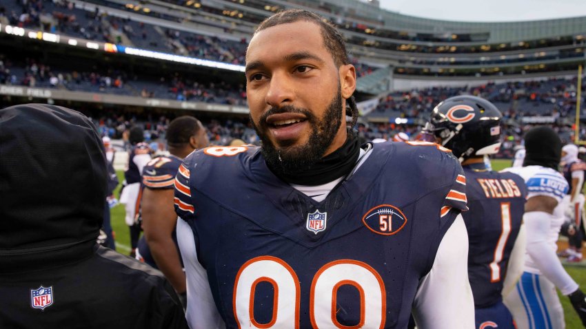 Dec 10, 2023; Chicago, Illinois, USA;  Chicago Bears defensive lineman Montez Sweat (98) walks off the field after a game against the Detroit Lions at Soldier Field. Mandatory Credit: Jamie Sabau-USA TODAY Sports