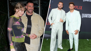 Taylor Swift and Travis Kelce at left; Kelce with Kansas City Chiefs teammate Patrick Mahomes at right.