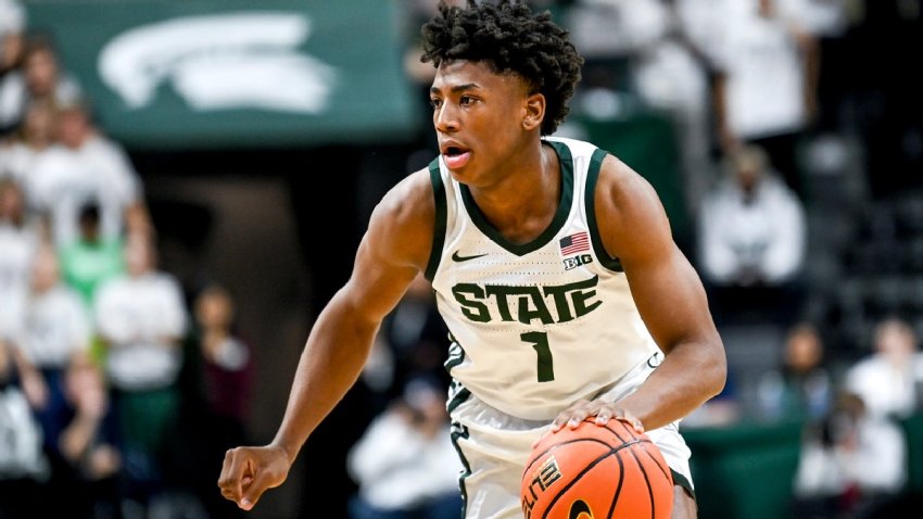 Michigan State’s Jeremy Fears Jr. moves the ball against Butler during the second half on Friday, Nov. 17, 2023, in East Lansing.