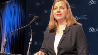 Federal Reserve Bank Governor Michelle Bowman gives her first public remarks as a Federal policymaker at an American Bankers Association conference In San Diego, California, February 11 2019.