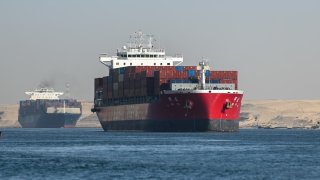 File - A ship transits the Suez Canal towards the Red Sea on January 10, 2024, in Ismailia, Egypt.