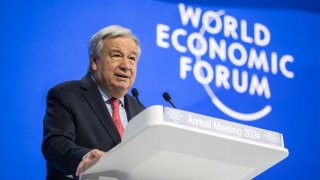 UN Secretary-General Antonio Guterres addresses the assembly during the World Economic Forum (WEF) meeting in Davos on January 17, 2024. (Photo by Fabrice COFFRINI / AFP) (Photo by FABRICE COFFRINI/AFP via Getty Images)