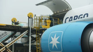 HANGZHOU, CHINA – APRIL 6, 2023 – A Cargo plane of Maersk AIR Cargo is seen at Hangzhou Xiaoshan International Airport in Hangzhou, Zhejiang province, China, April 6, 2023. On November 4, 2023, the international shipping industry giant Maersk’s revenue in the third quarter of 2023 was 12.13 billion US dollars, down 46.73% year-on-year; Net profit was $554 million, down 93.78 percent from a year earlier. Maersk also said it would cut at least 10,000 jobs to reduce costs. (Photo by Costfoto/NurPhoto via Getty Images)
