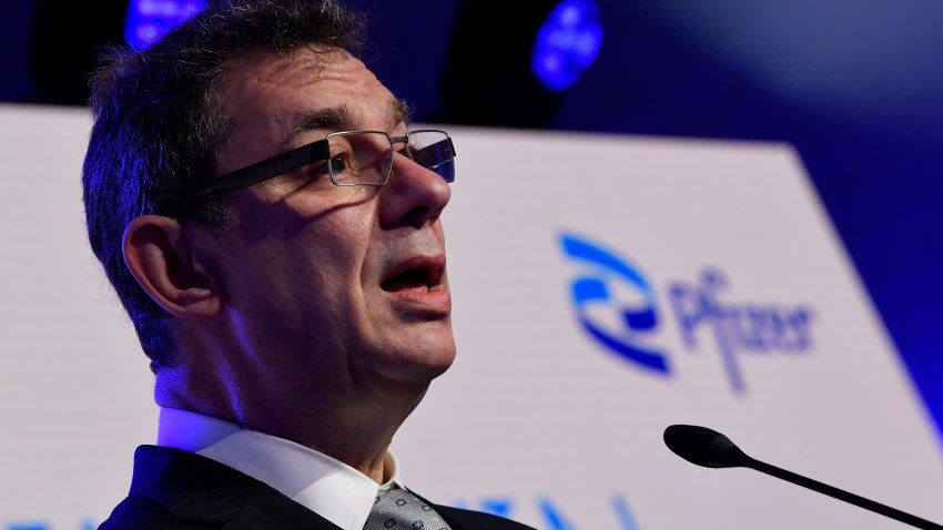 Pfizer CEO Albert Bourla talks during a press conference with European Commission President Ursula von der Leyen after a visit to oversee the production of the Pfizer-BioNtech COVID-19 vaccine at the factory of U.S. pharmaceutical company Pfizer in Puurs, Belgium April 23, 2021. 